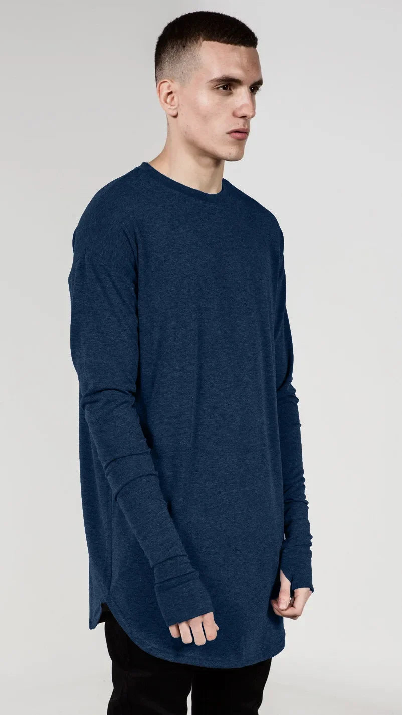 Quality Hip Hop T Shirt Full Mens Long Sleeve T-Shirt with Thumb Hole Cuffs Tees Shirts Curve Hem Men Street Wear Tops Plus Size
