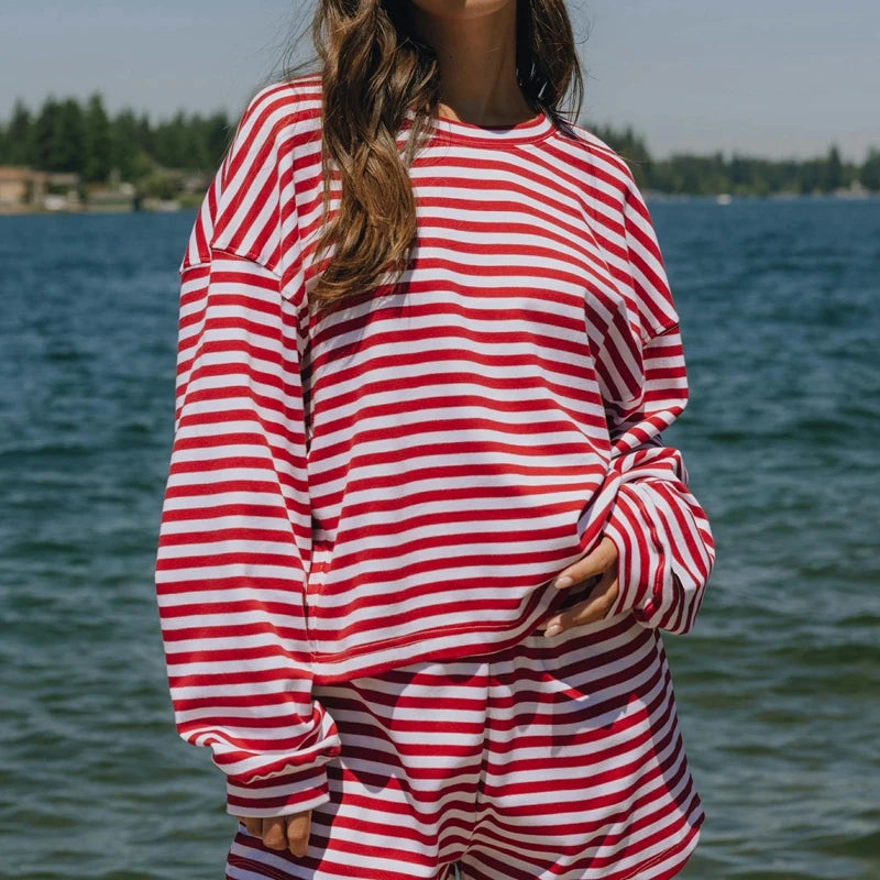 Combhasaki Women 2Piece Striped Y2k Outfits Set Casual Long Sleeve Crew Neck Shirt Tops+Elastic Waist Wide Leg Shorts Tracksuits