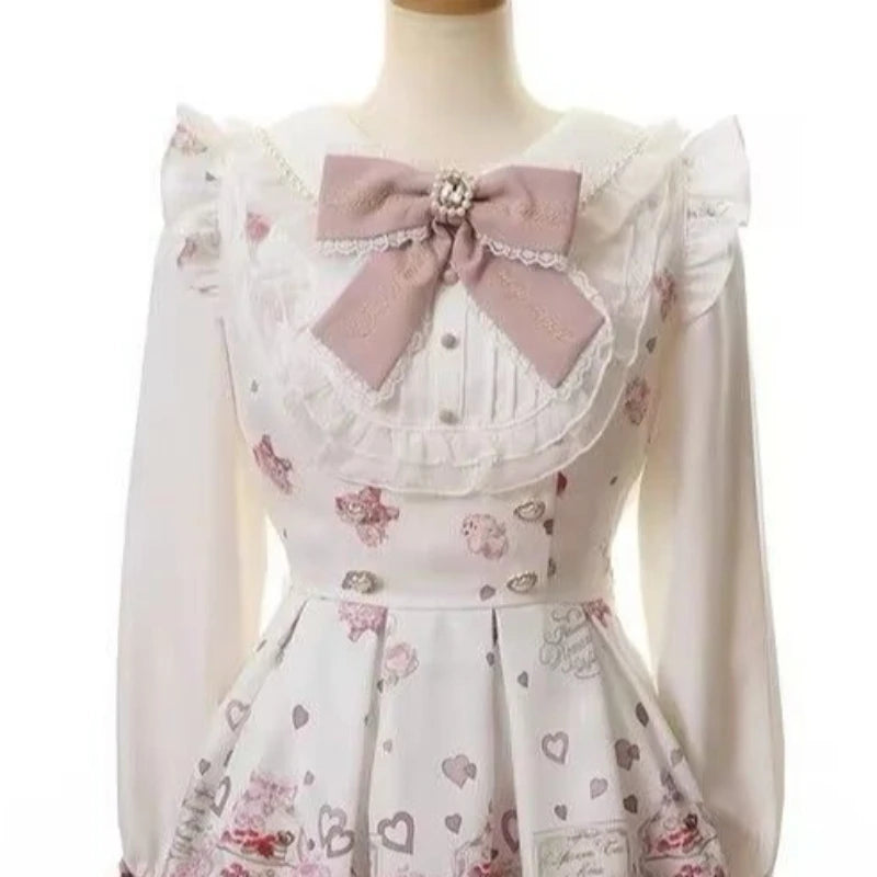 Japanese Kawaii Rhinestone Bow Dress Set Women Sweet Cute Lolita Style Lace Pearl Print Shirt Dresses Gothic Y2k Tea Party Dress