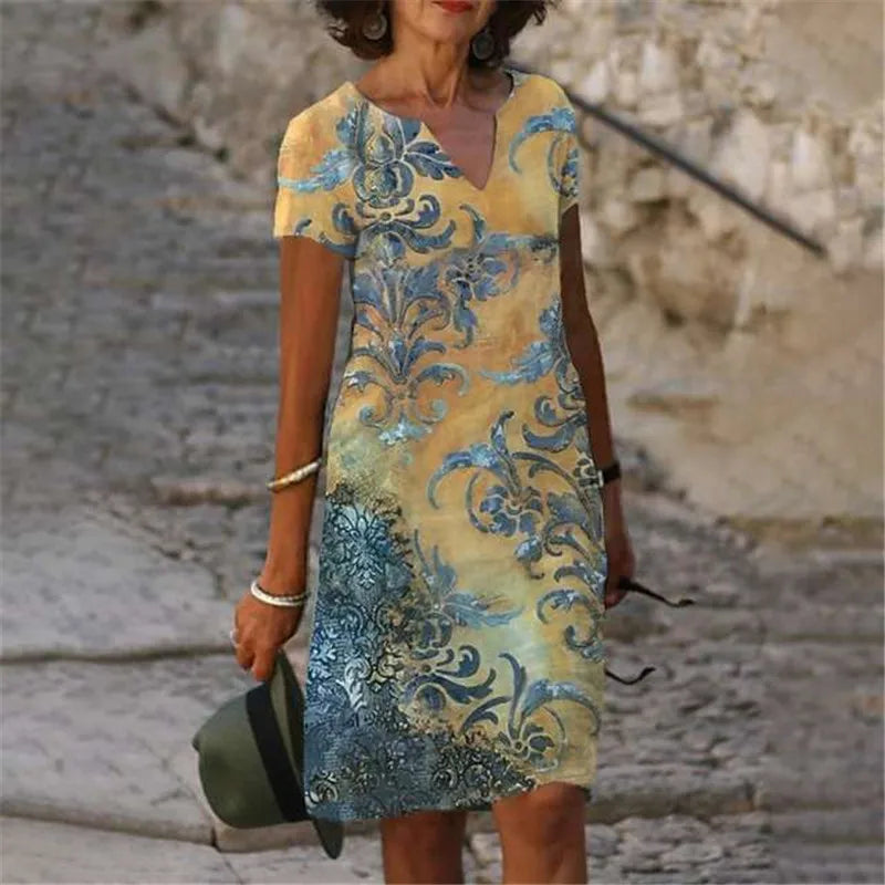 3D Peacock Floral Print Dresses For Summer 2022 New Women Fashion Short Sleeve V-Neck Loose Dress Vintage Oversized Ladies Dress