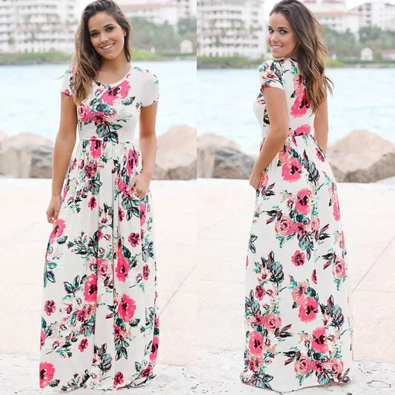 Summer Maxi Dress Women 2025 Pink Floral Print Boho Beach Dress Ladies Evening Party Long Dress Sundress Vestidos De Festa 3XL