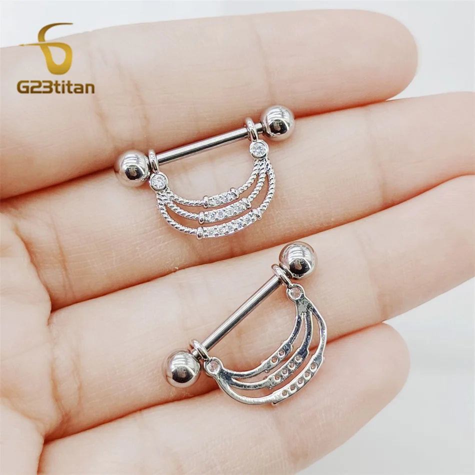 2pcs Silver Color Zircon Nipple Rings Allergy-free 14G 16mm Titanium Straight Barbell Piercing Sexy Beach Jewelry Woman Ornament