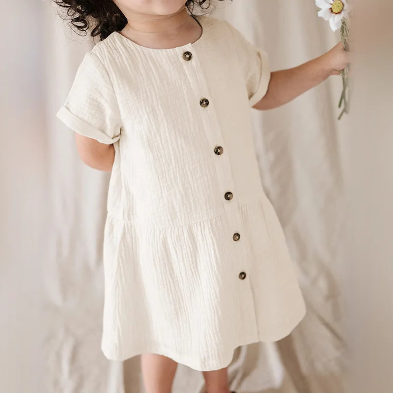 Children's Muslin Gauze Short-Sleeved Dress Summer New Solid Color Collision Buttons Girls Round Neck 100% Cotton A-Line Dresses