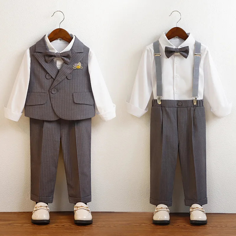 Boys Strap Pants Suit Fashion Gray Stripe Kids Weddings Blazers Set 2-12 Years Children School Uniform Toddler Birthday Outfits