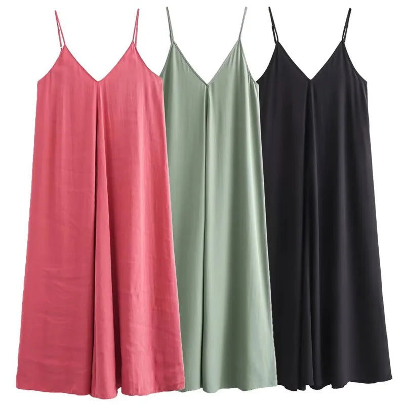 HXAO 2025 Women's Slip Dress Summer Green Red Black Dress Casual V-Neck Backless Long Dresses Sleeveless Vestidos Resort Dresses