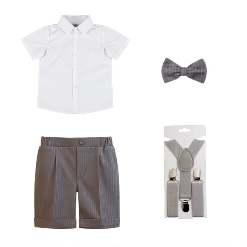 Boys Strap Pants Suit Fashion Gray Stripe Kids Weddings Blazers Set 2-12 Years Children School Uniform Toddler Birthday Outfits