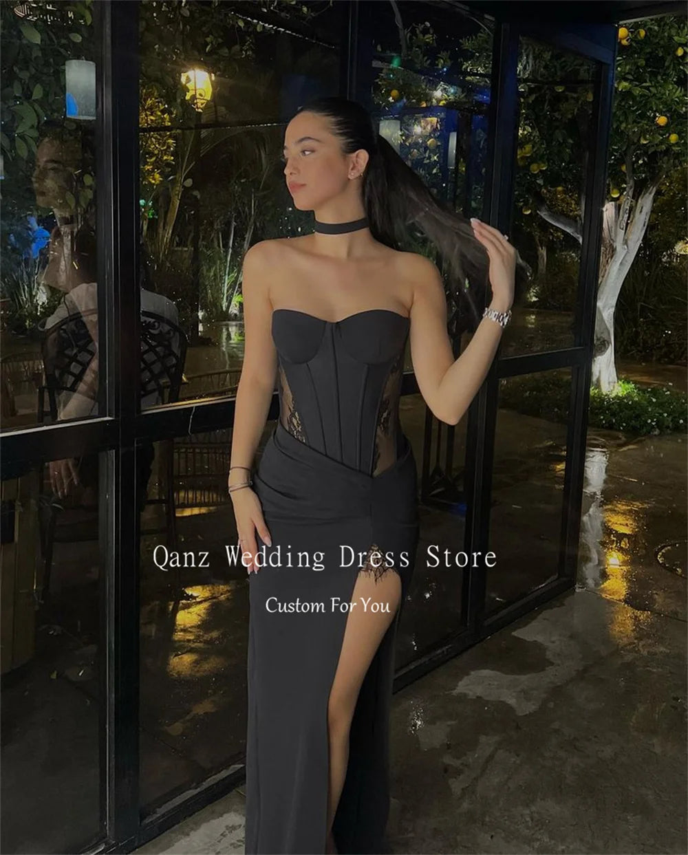 Qanz Black Lace Prom Dresses Sweetheart Corset Evening Dresses Woman Elegant Mermaid High Slit Satin Vestido De Noche Customized