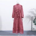 Hollow Out Women's Long Dresses Lantern Sleeves Lace Up Pearl Single Breasted Vestidos Spring Female Solid Elegant Robe 2026