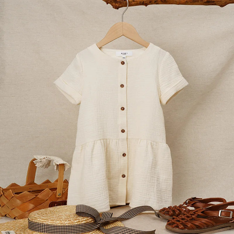 Children's Muslin Gauze Short-Sleeved Dress Summer New Solid Color Collision Buttons Girls Round Neck 100% Cotton A-Line Dresses