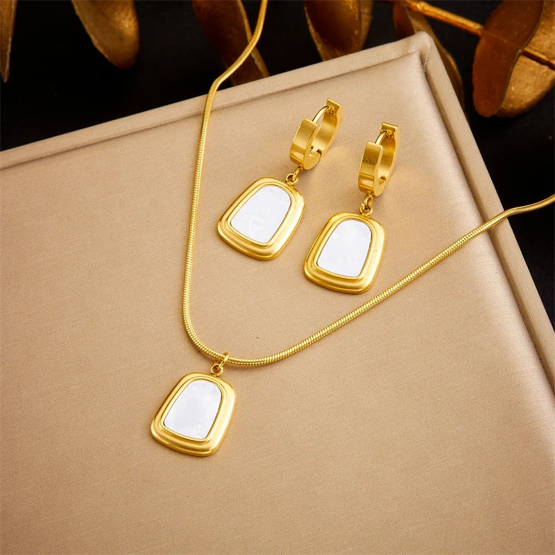 DIEYURO 316L Stainless Steel Black White Geometric Necklace Bracelets Earrings For Women New Trendy Jewelry Set Wedding Gift
