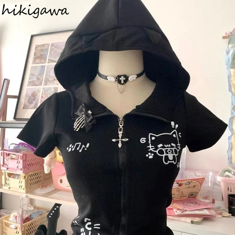 Cat Ears Hooded Sweatshirts 2025 Women Clothes Short Sleeve Zipper Slim Fit Hoodies Y2k Tops Casual Fashion Japanese Cute Hoodie