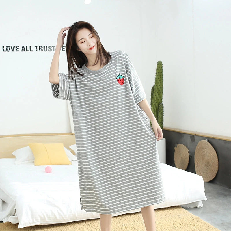 Summer Pajama Dress Female Short-Sleeved Cartoon Home Wear Lengthened Plus Size Striped Student Pajamas Easy To Wash Long