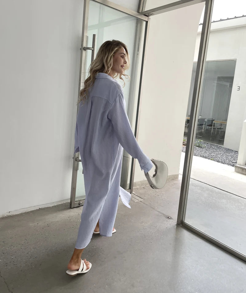 New Design 2025 Women Summer Long sleeve Basic Shirt Maxi Long dress