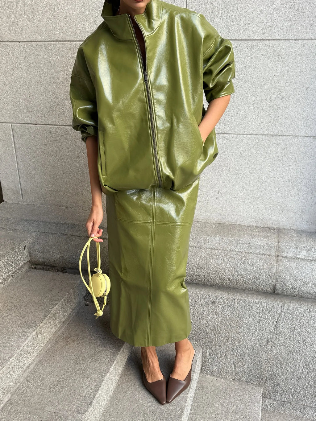 PU Leather Strapless Dresses Coat Women's Two Pieces Set Vintage Stand Jackets Long Straight Skirts 2025 Autumn Street Outfits