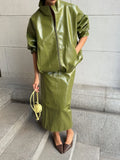 PU Leather Strapless Dresses Coat Women's Two Pieces Set Vintage Stand Jackets Long Straight Skirts 2025 Autumn Street Outfits