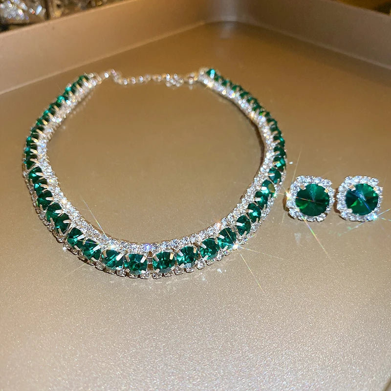 Luxury Green Rhinestone Necklace Stud Earrings For Women Crystal Choker Necklaces Ladies Fashion Weddings Banquet Jewelry Set K