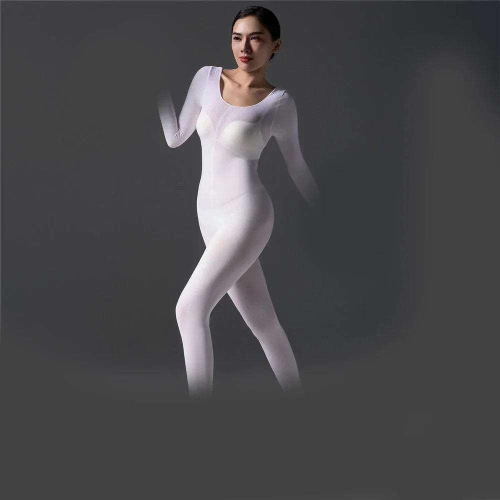 Women's Jumpsuit With Hooded High Elastic Unitard Oil  Shiny Glossy Sexy Bodysuit Five Finger Gloves Tights Skinny Shaper Wear