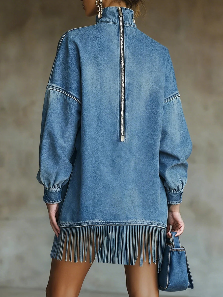 Denim Vintage Dresses Women Half High Collar Solid Color Tassel Hem Dress Fashion Long Sleeve Pocket Loose Sweatshirt Dress