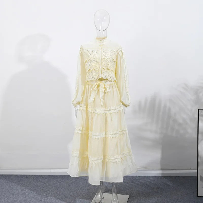 Hollow Out Women's Long Dresses Lantern Sleeves Lace Up Pearl Single Breasted Vestidos Spring Female Solid Elegant Robe 2026