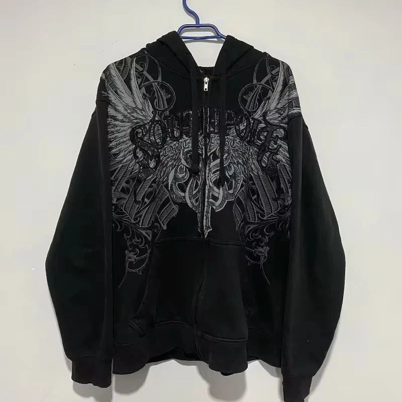 Printed Zipper Hooded Sweater Y2K Gothic Harajuku Popular Hoodies