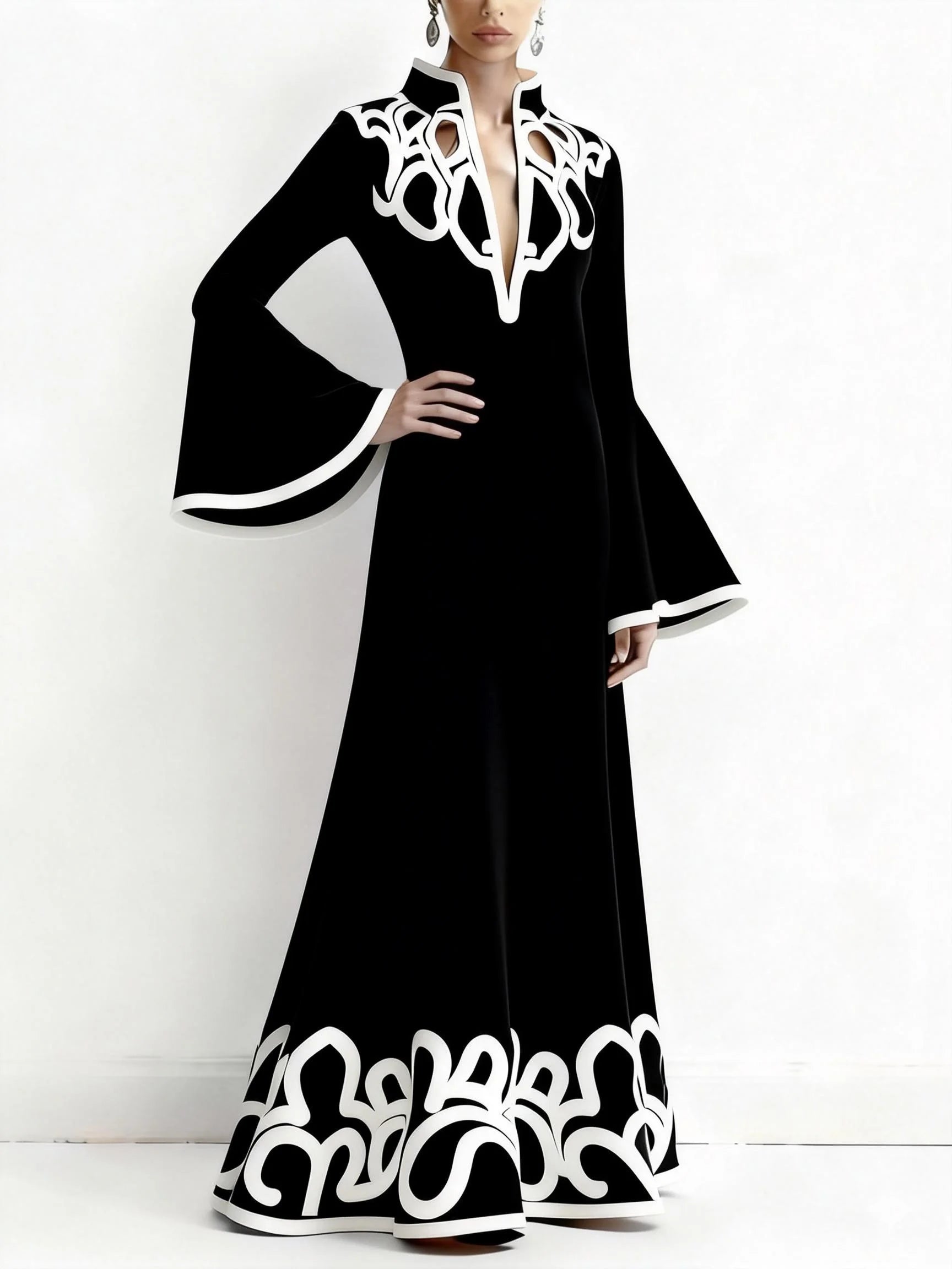 Modigirl Women's Spring Artistic Vintage Maxi Dress 2026 Hollow V-Neck Flared Sleeves Lady Elegant Gown for Formal Evening Party