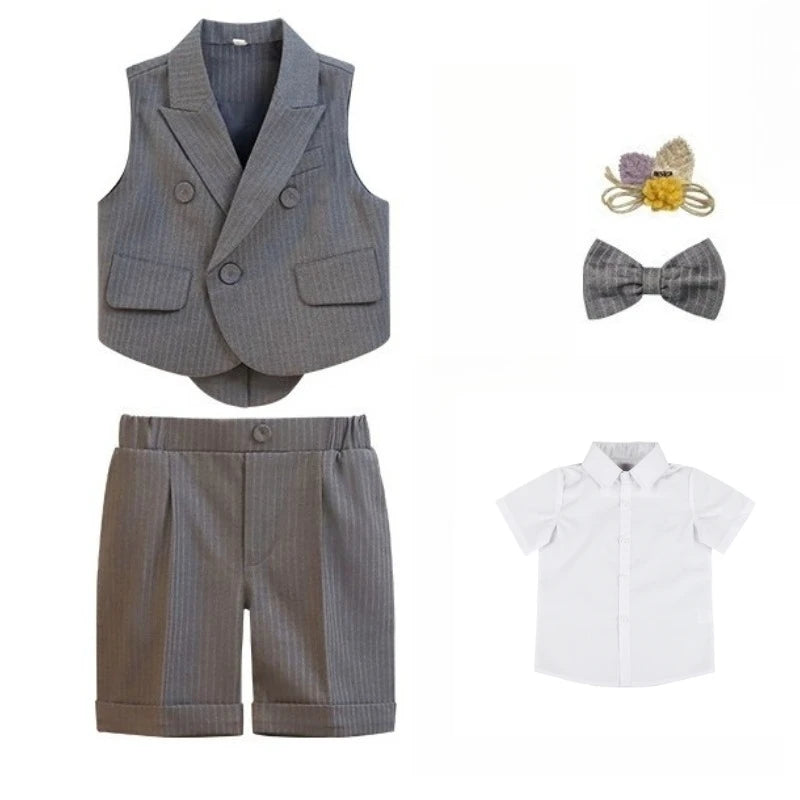 Boys Strap Pants Suit Fashion Gray Stripe Kids Weddings Blazers Set 2-12 Years Children School Uniform Toddler Birthday Outfits