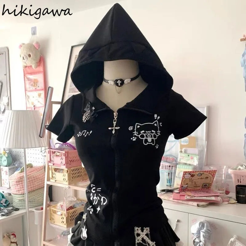 Cat Ears Hooded Sweatshirts 2025 Women Clothes Short Sleeve Zipper Slim Fit Hoodies Y2k Tops Casual Fashion Japanese Cute Hoodie