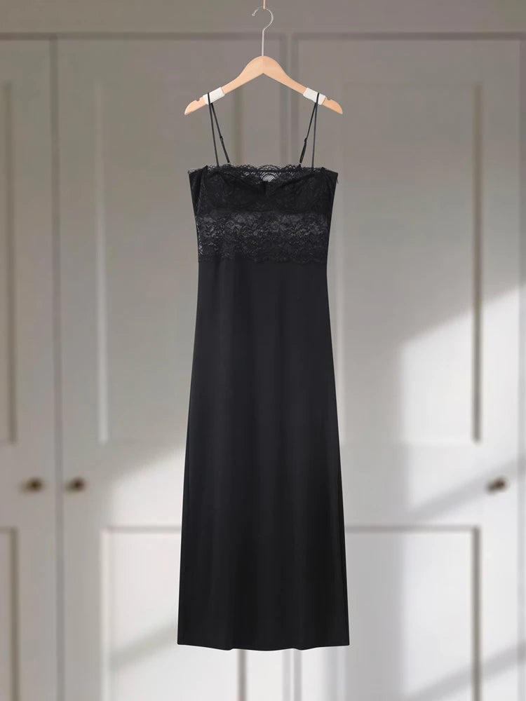 Sexy Lace Patchwork Spaghetti Strap Dresses Women's Slim Sleeveless Hip-wrap Ankle-length Dress 2026 New Ladies Evening Robe