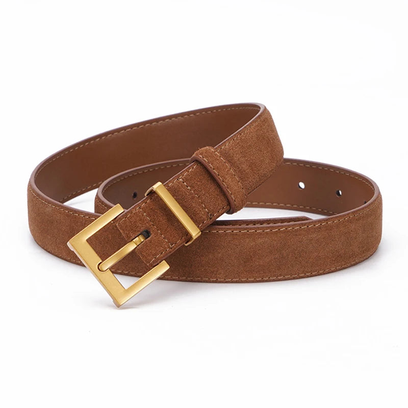 Trendy Women’s Double Genuine Leather Belt Elegant Cowhide Suede with Stylish Square Alloy Buckle Ideal for Dresses and Jeans