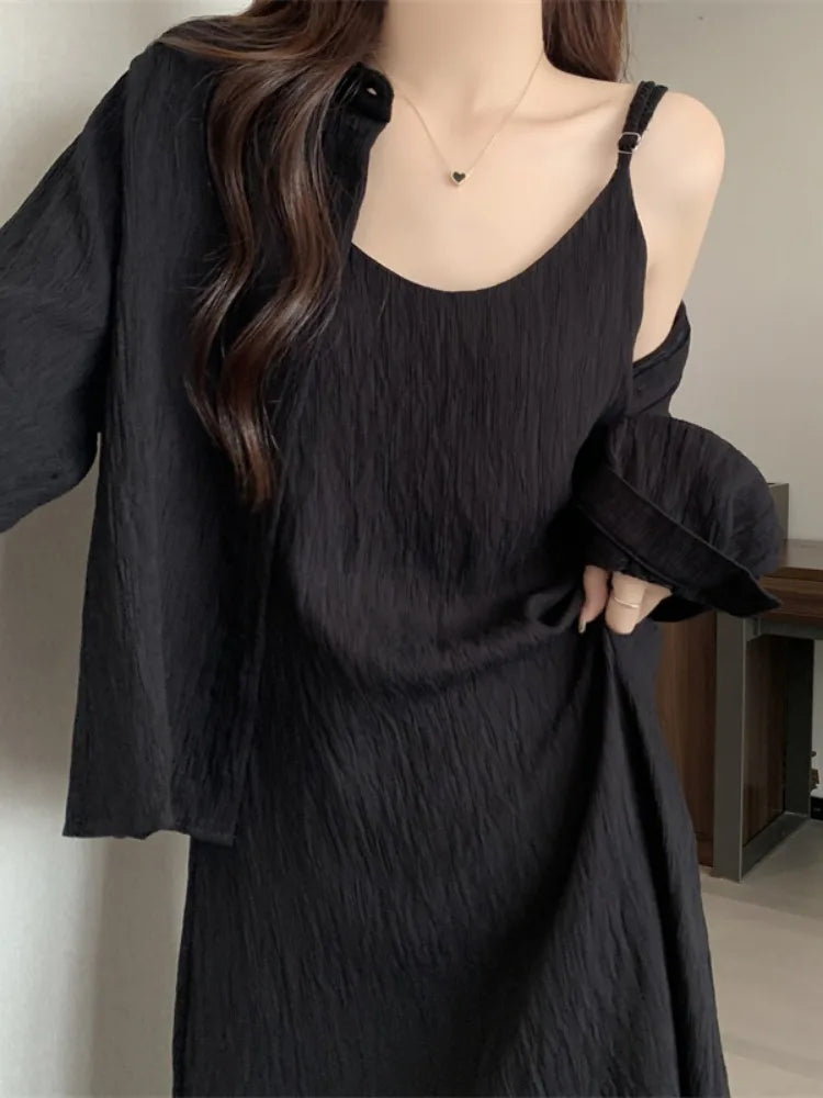 plus Size Summer Long Sve irt Early Spring New Sle Slimming Meat Covering Ele Strap Dr Two Piece Set Women's Cl...