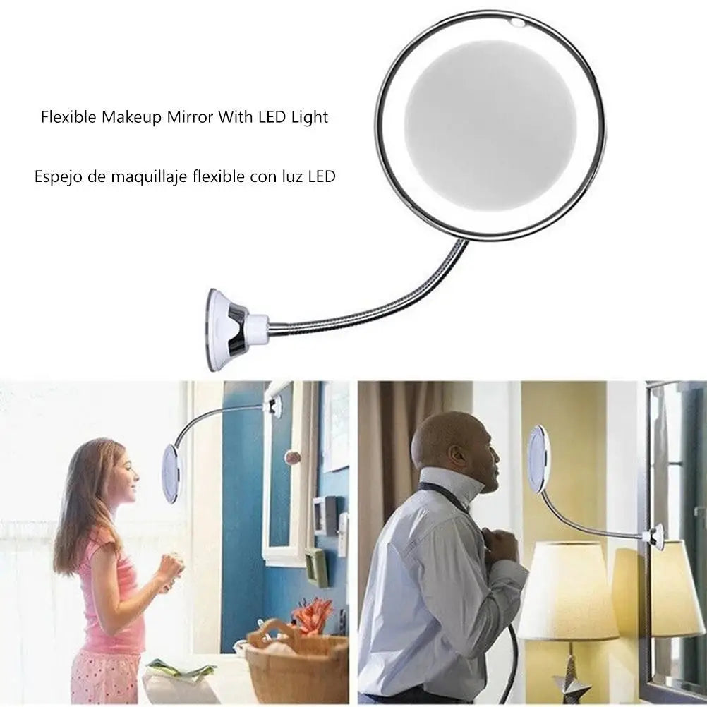 Flexible Gooseneck Makeup Mirror with LED Light 10X Magnifying Mirror Suction Cup Bright Diffused Light And 360 Degree Swivel