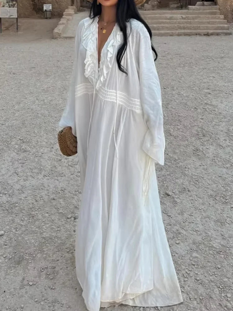 HH Women Summer Fashion Beach Style White Long Dress Long Sleeves Lace-Up Decoration Women's Flounced Edge V-Neck Dresses