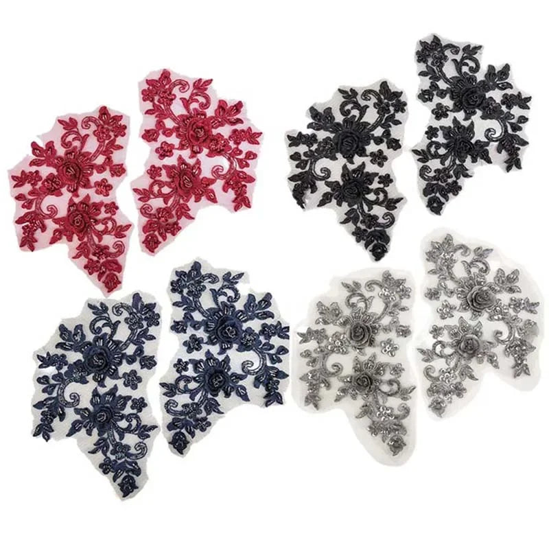 2PCS/Pair,3d Flower Wtih beaded sequined Bodice Applique sewing supplies,Lace Emboridery Sew On Patches For Dresses,Clothing