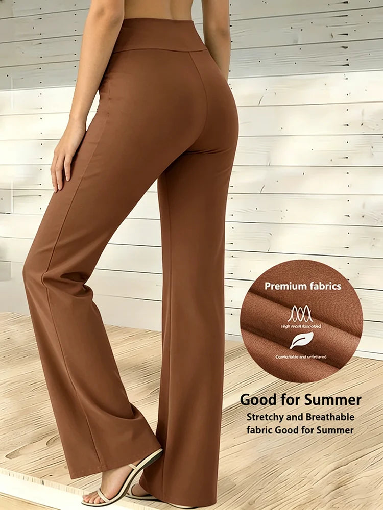 Women's high-waisted straight-leg pants - brown wide-leg pants, with a hip-raising design, suitable for casual and daily wear