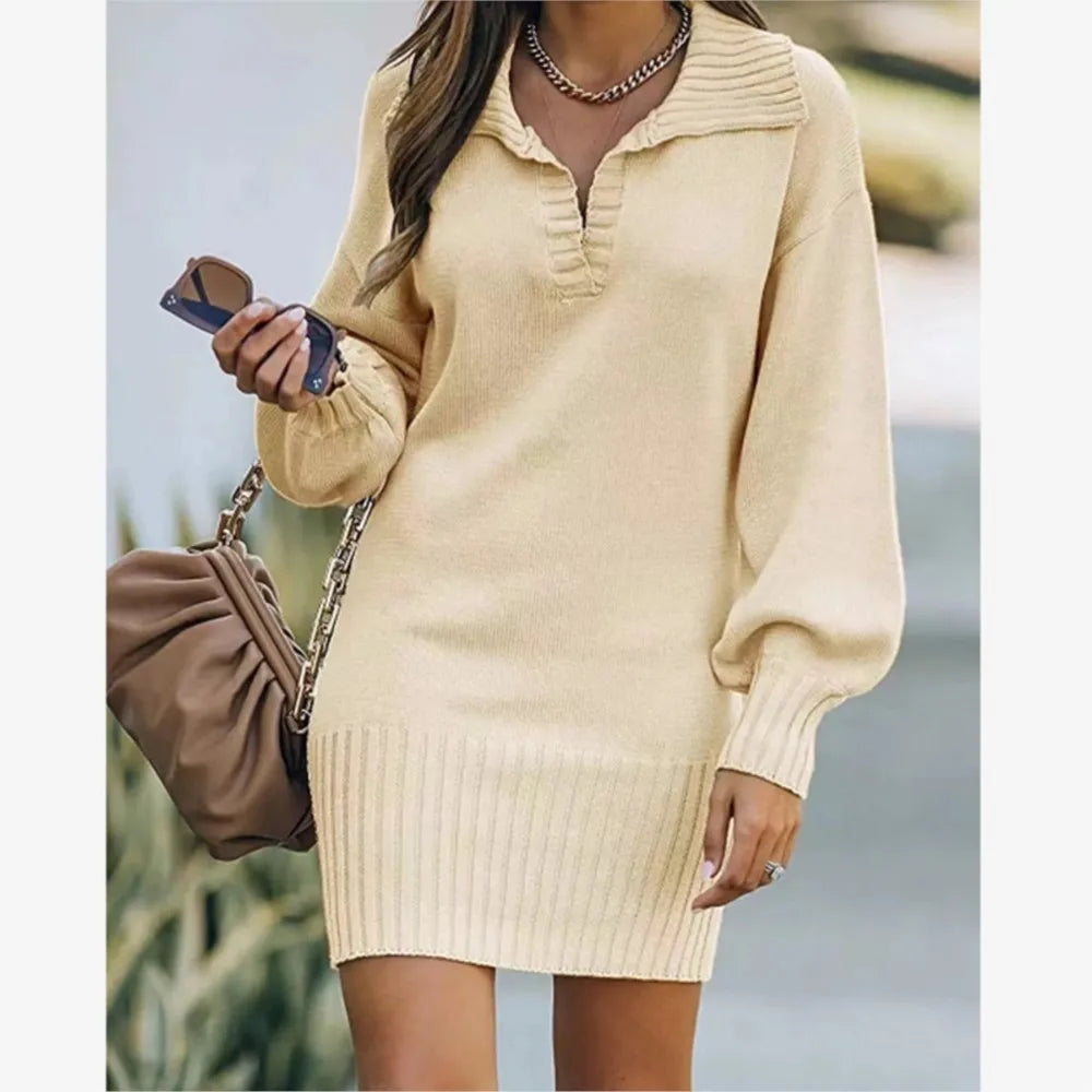 Women's Sweater Mid Length Dresses Fashion Lapel Lantern Sleeve Knit Solid Color Elegant Female Fall Winter Sweater Dress 2024