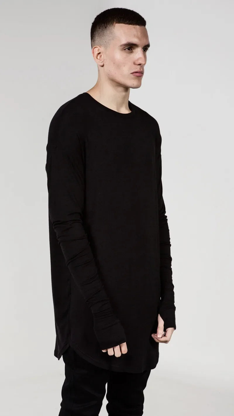 Quality Hip Hop T Shirt Full Mens Long Sleeve T-Shirt with Thumb Hole Cuffs Tees Shirts Curve Hem Men Street Wear Tops Plus Size