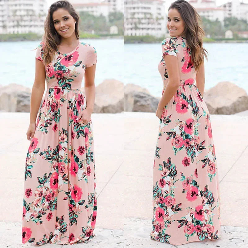 Summer Maxi Dress Women 2025 Pink Floral Print Boho Beach Dress Ladies Evening Party Long Dress Sundress Vestidos De Festa 3XL