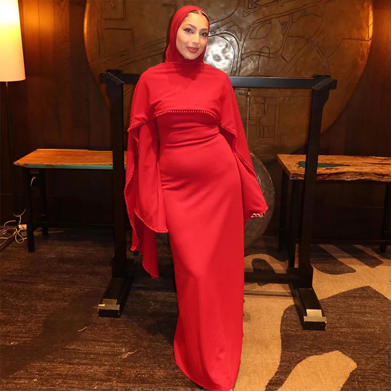 White Pearl Trim Cape Maxi Dress Women Elegant Long Sleeve Cinching Waist Muslim Robes 2026 Spring EID Abaya Lady Dresses