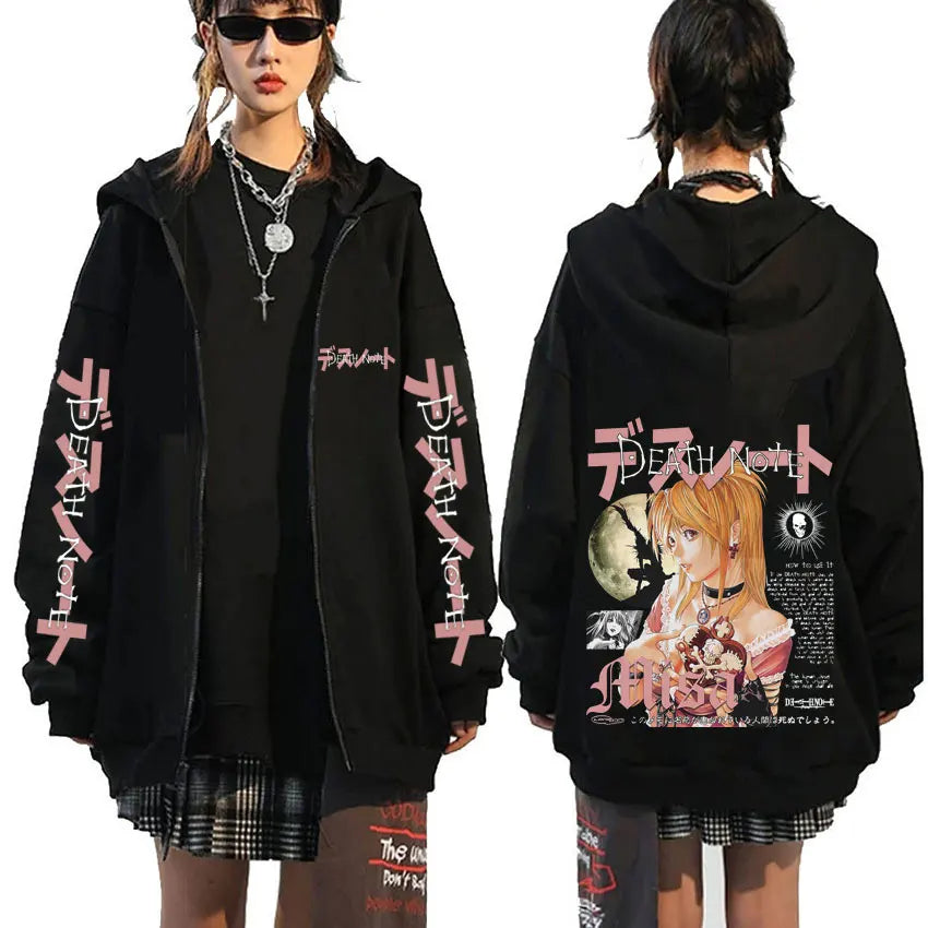 Japanese Anime Death Note Misa Zipper Hoodie Men Women Casual Oversized Cotton Zip Up Jacket Unisex Vintage Zip Up Sweatshirt