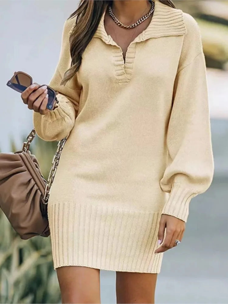 Women's Sweater Mid Length Dresses Fashion Lapel Lantern Sleeve Knit Solid Color Elegant Female Fall Winter Sweater Dress 2024