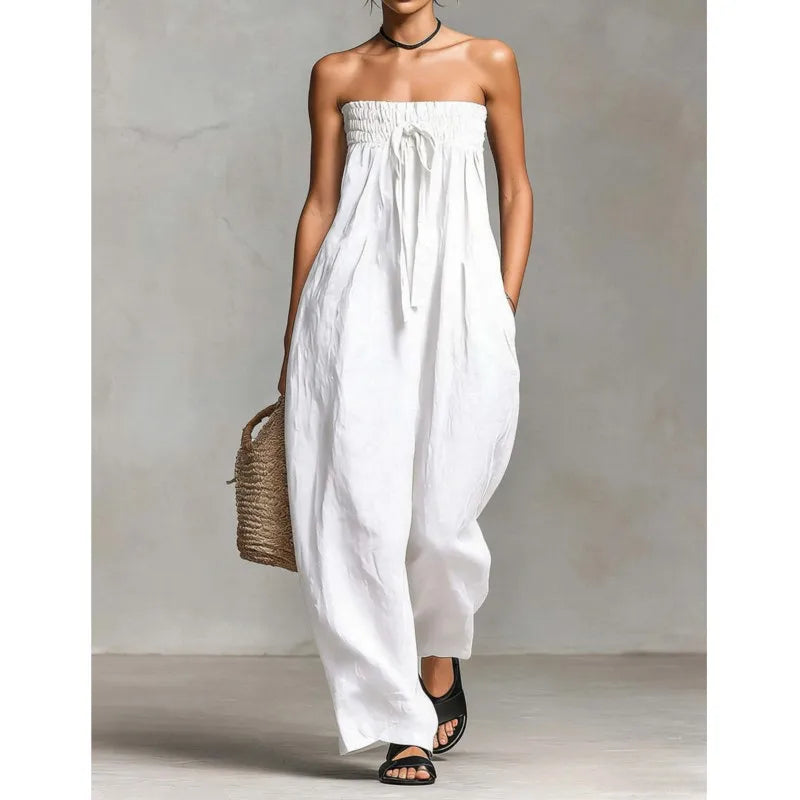 Elegant Sexy Off Shoulder Jumpsuit Women 2026 Summer Ruched Lace-up Sleeveless Backless Romper Casual Wide Leg Pocket Overalls