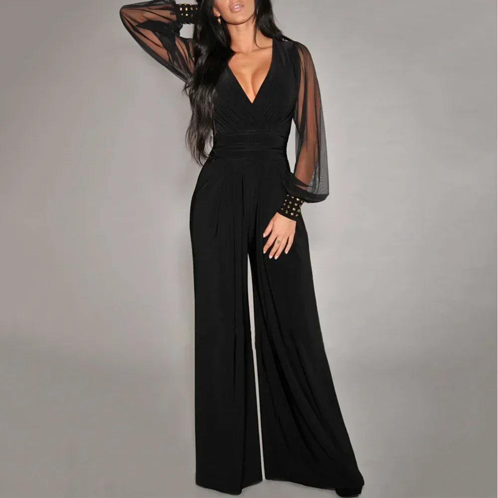 Spring Summer Fashion Sexy Women's Jumpsuit Elegant Solid Color Deep V Neck Lace Lantern Sleeves Splicing Rivet Slim Jumpsuits