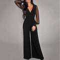 Spring Summer Fashion Sexy Women's Jumpsuit Elegant Solid Color Deep V Neck Lace Lantern Sleeves Splicing Rivet Slim Jumpsuits