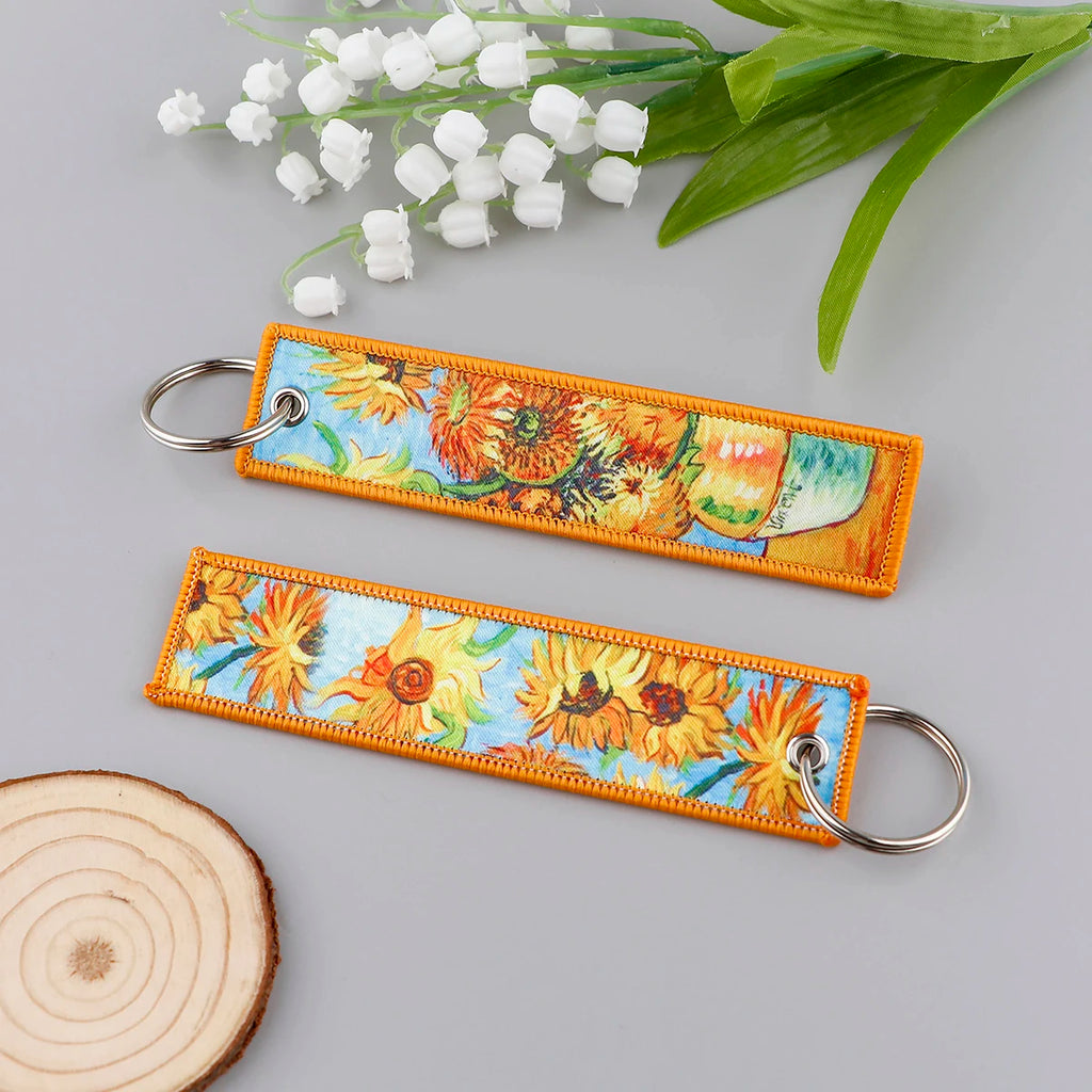 Van Gogh Art Oil Painting Embroidered Key Chain Key Fobs Key Tag For Motorcycles Cars Backpack Chaveiro Keychain Kering Gifts