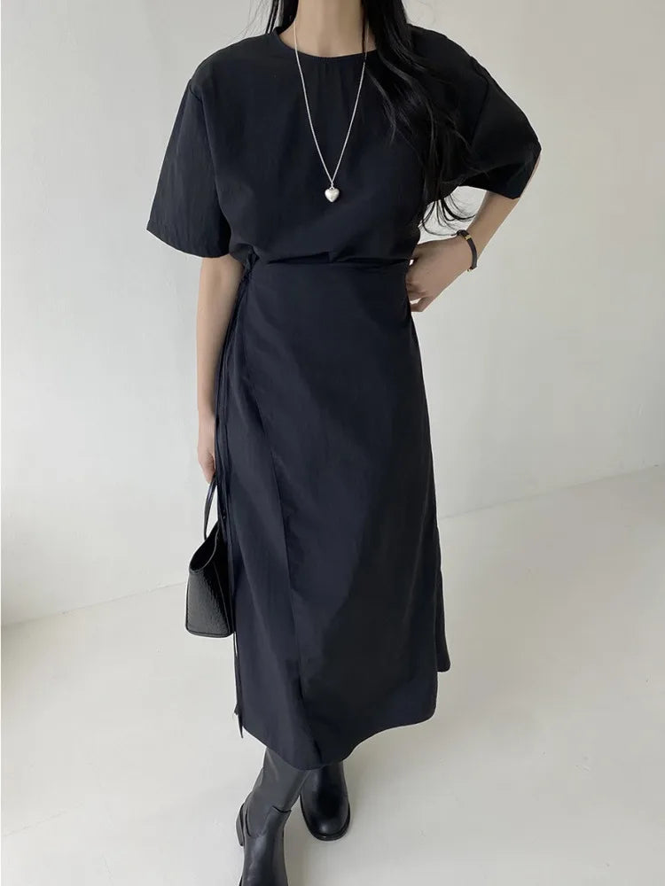 Korean Style Dress For Women Solid Gathered Waist Lace Up Minimalist Versatile Female Dresses 2024 Summer New