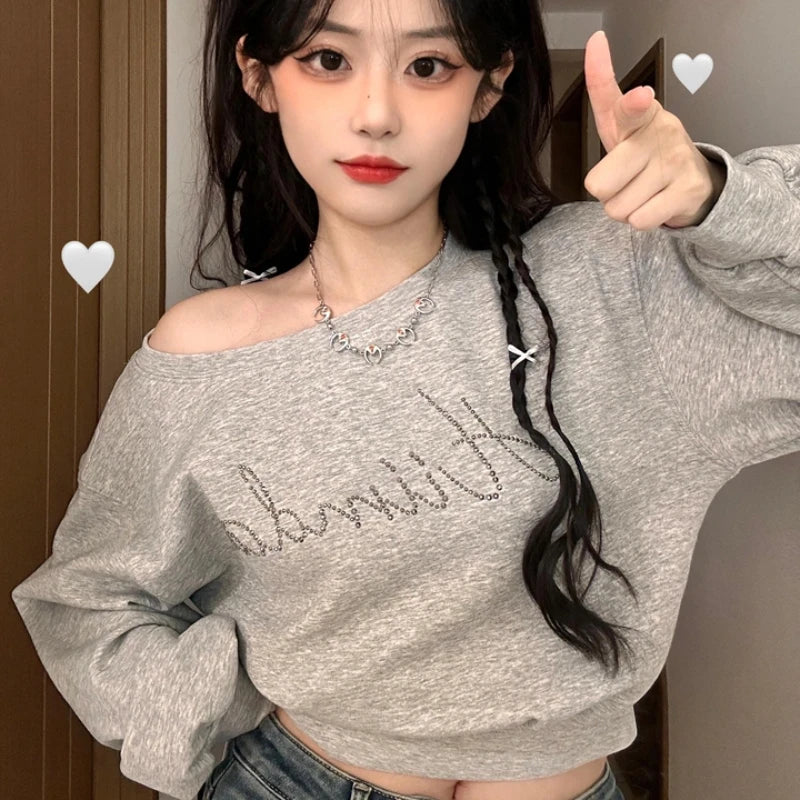 Women Hoodies Autumn Streetwear Off Shoulder Seductive Cropped All-match Sweatshirts Baggy Fashion Print Design Aesthetic Casual