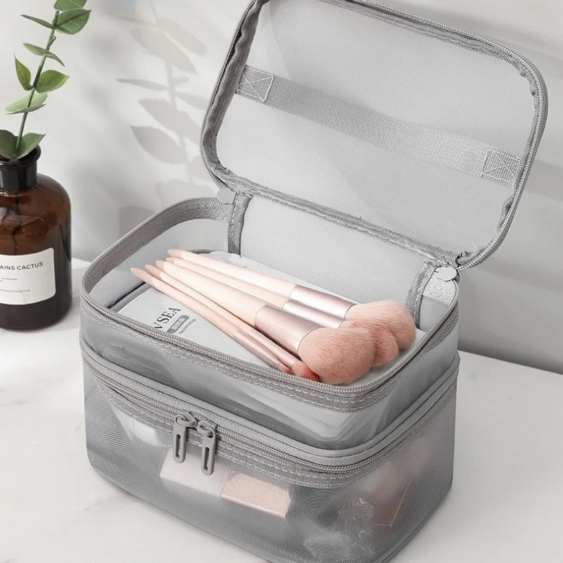 Bathroom Travel Mesh Makeup Storage Bag Cosmetics Make Up Skincare Organizer Box Plastic Container Handbag For Women Men