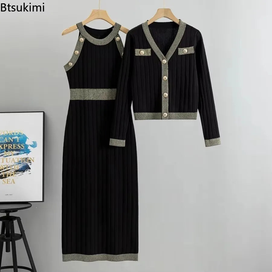 French Style Dress Sets Women's High Waist Knitted Two-pieces Sweater Tant Dress and Coats Spring Autumn Fashion Elegant Outfits