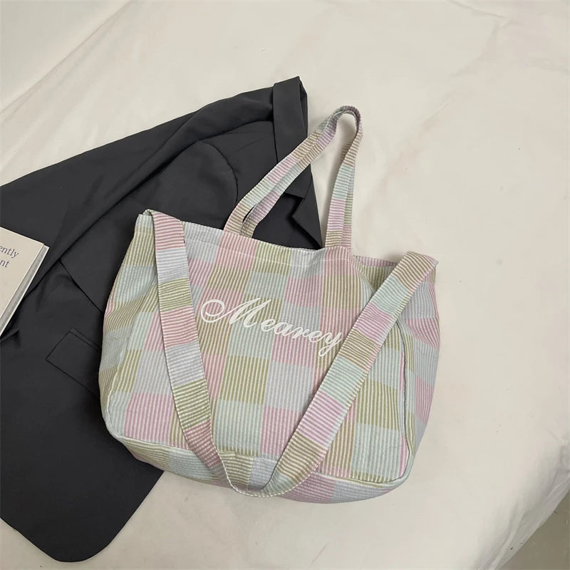 2025 Summer New Trends Striped Plaid Tote Bags For Women Cotton Fabric Letter Prints Large Capacity Shoulder Shopper Student Bag