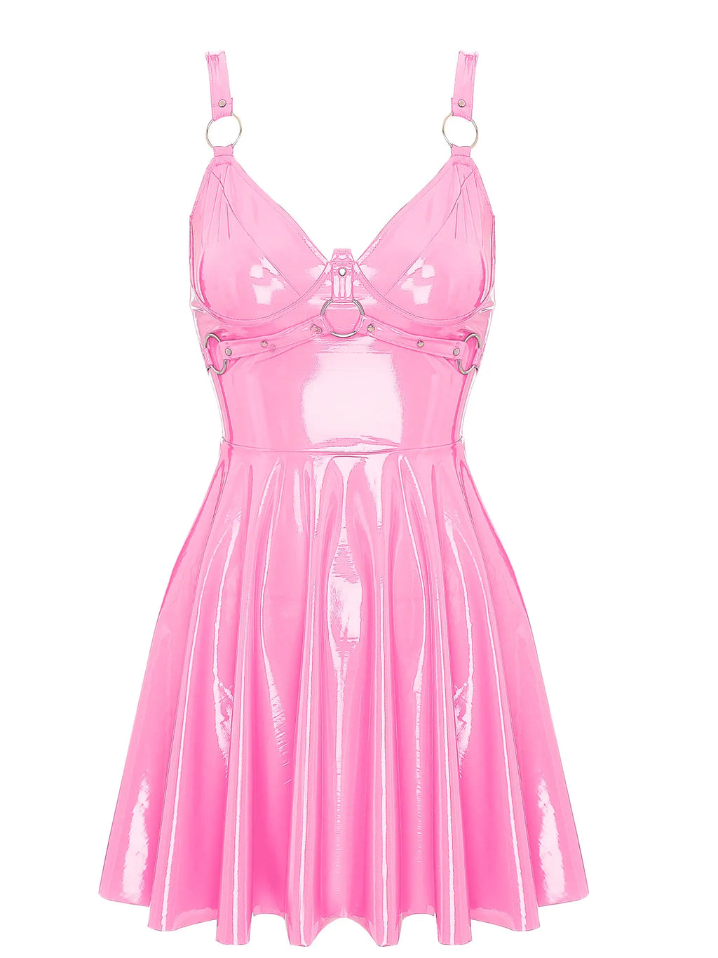 Womens Sexy Wet Look Patent Leather Slip Dress O-Ring Rivets Strappy V Neck Gothic Punk A-Line Mini Dresses Rave Party Clubwear